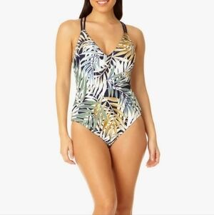 NWOT Hurley Womens One Piece Palm Print Swimsuit Criss Cross Straps Size L
